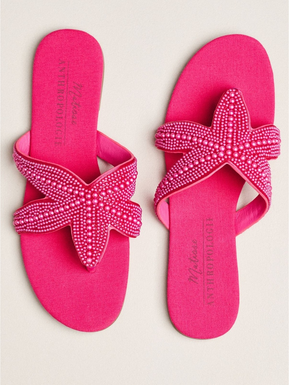 Anthropologie Hot Pink Beaded Starfish Slide Sandals